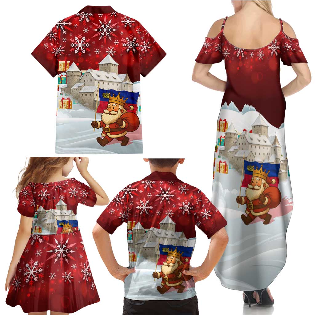 Liechtenstein Christmas Family Matching Summer Maxi Dress and Hawaiian Shirt with Santa Claus Castle Snowflakes and National Flag - Wonder Print Shop