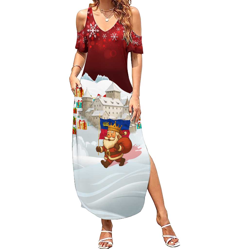 Liechtenstein Christmas Family Matching Summer Maxi Dress and Hawaiian Shirt with Santa Claus Castle Snowflakes and National Flag - Wonder Print Shop