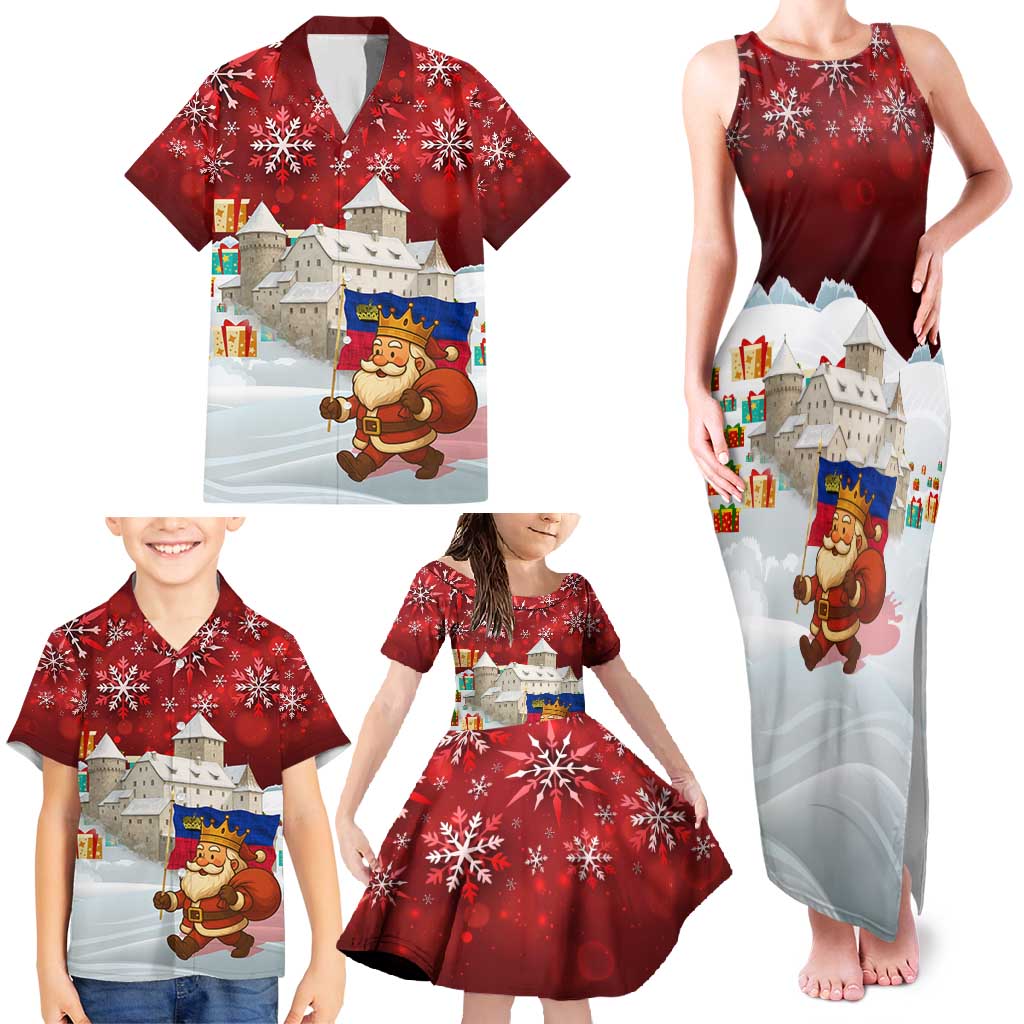 Liechtenstein Christmas Family Matching Tank Maxi Dress and Hawaiian Shirt with Santa Claus Castle Snowflakes and National Flag - Wonder Print Shop