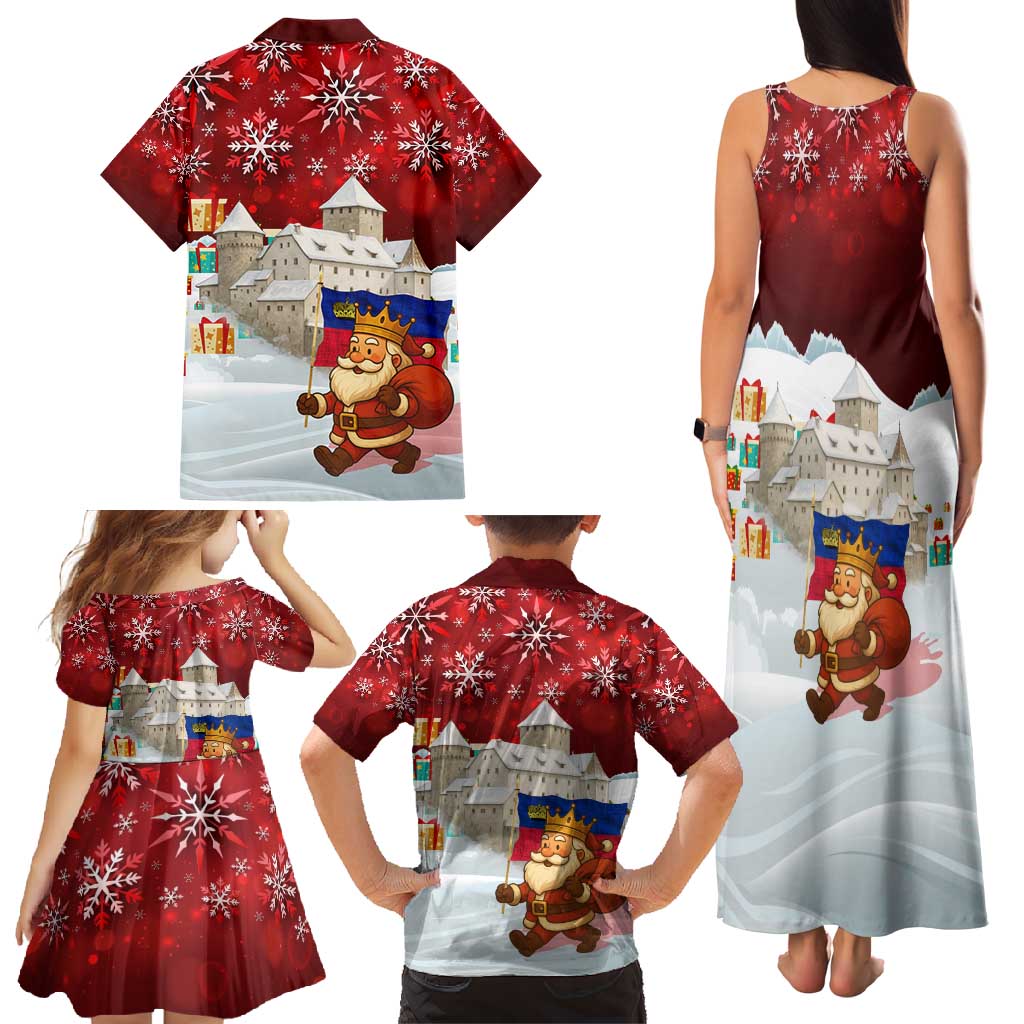 Liechtenstein Christmas Family Matching Tank Maxi Dress and Hawaiian Shirt with Santa Claus Castle Snowflakes and National Flag - Wonder Print Shop