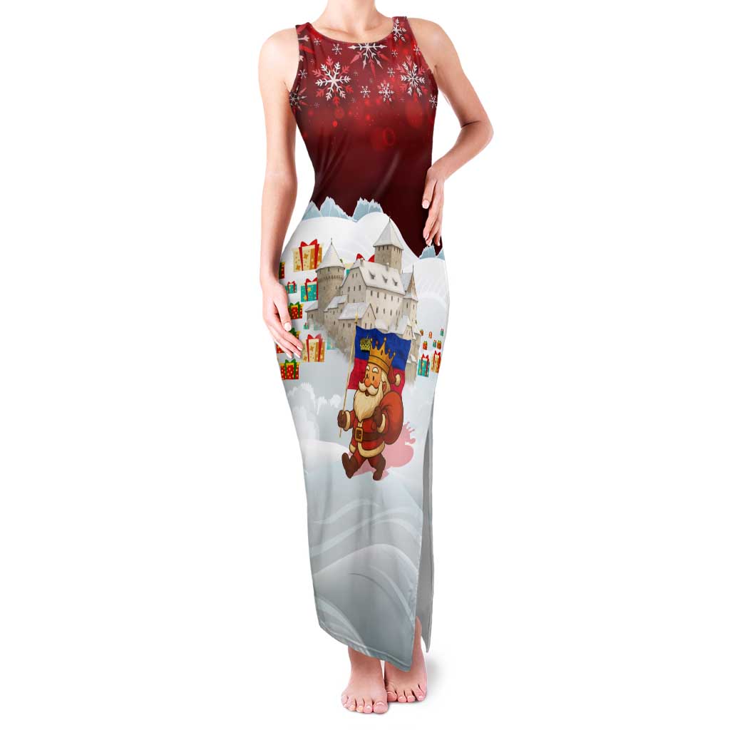 Liechtenstein Christmas Family Matching Tank Maxi Dress and Hawaiian Shirt with Santa Claus Castle Snowflakes and National Flag - Wonder Print Shop