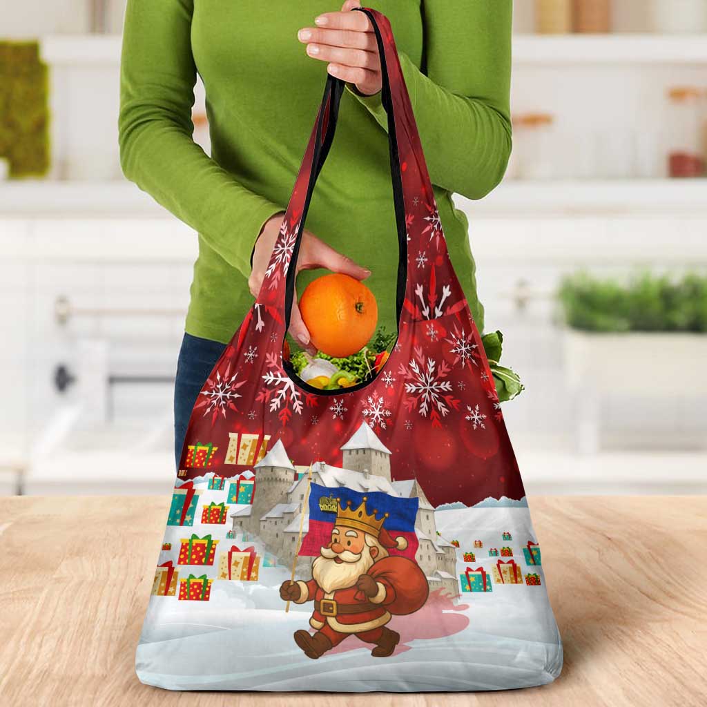 Liechtenstein Christmas Grocery Bag with Santa Claus Castle Snowflakes and National Flag - Wonder Print Shop