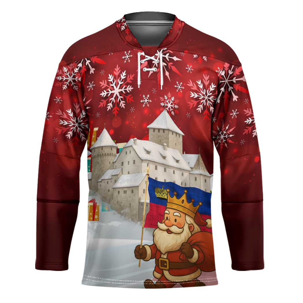 Liechtenstein Christmas Hockey Jersey with Santa Claus Castle Snowflakes and National Flag - Wonder Print Shop