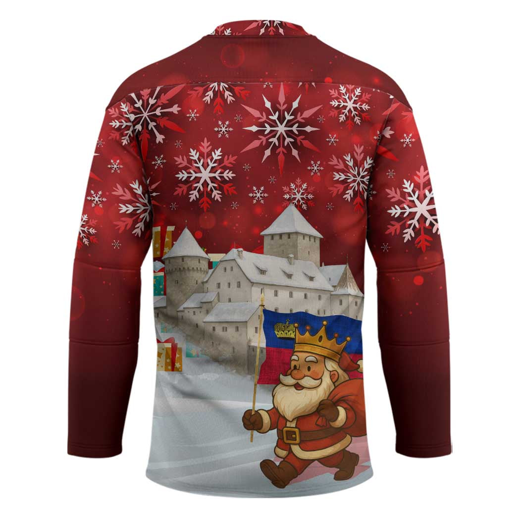 Liechtenstein Christmas Hockey Jersey with Santa Claus Castle Snowflakes and National Flag - Wonder Print Shop