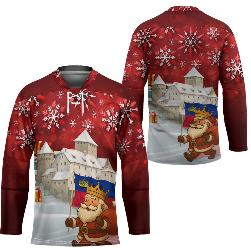 Liechtenstein Christmas Hockey Jersey with Santa Claus Castle Snowflakes and National Flag - Wonder Print Shop