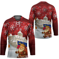 Liechtenstein Christmas Hockey Jersey with Santa Claus Castle Snowflakes and National Flag - Wonder Print Shop