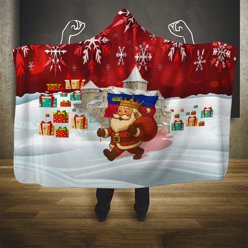 Liechtenstein Christmas Hooded Blanket with Santa Claus Castle Snowflakes and National Flag - Wonder Print Shop