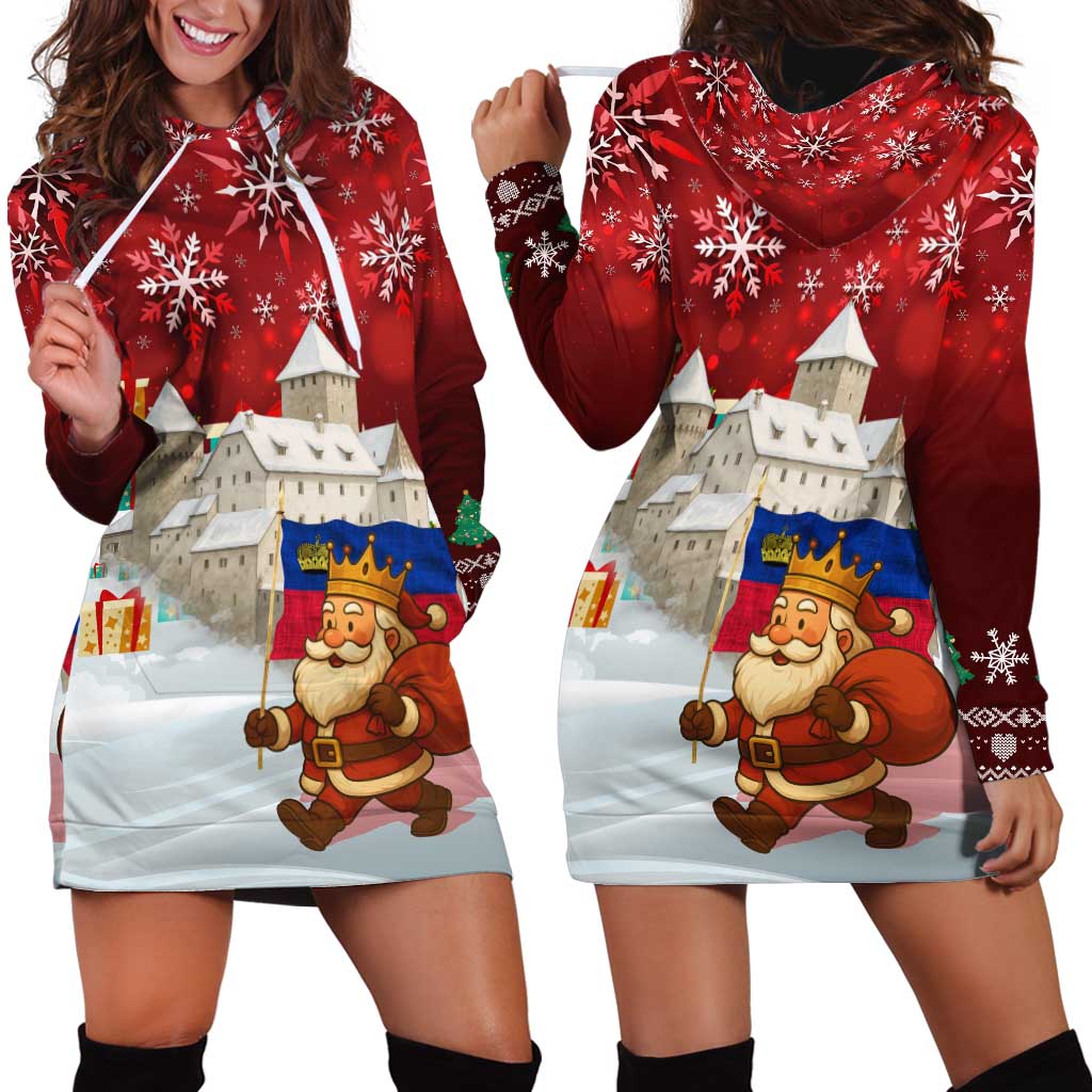 Liechtenstein Christmas Hoodie Dress with Santa Claus Castle Snowflakes and National Flag - Wonder Print Shop