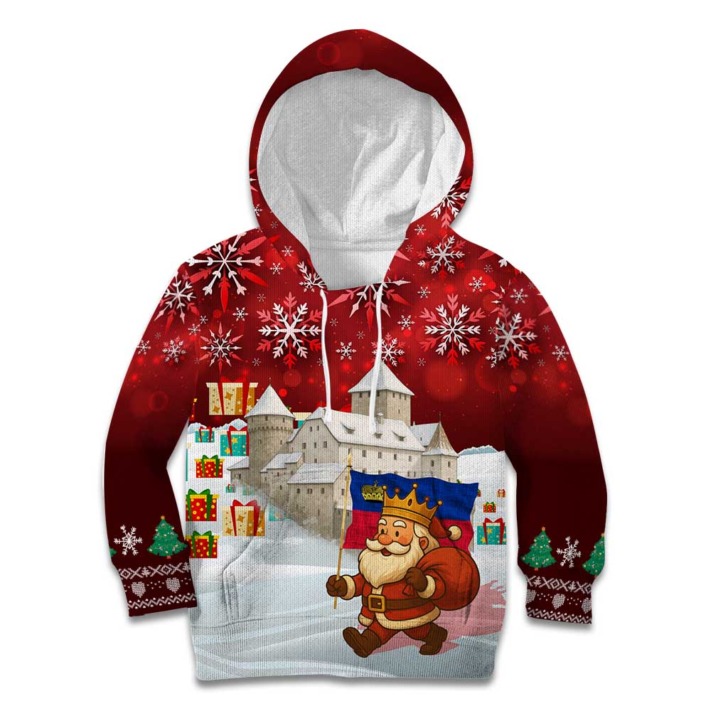Liechtenstein Christmas Kid Hoodie with Santa Claus Castle Snowflakes and National Flag - Wonder Print Shop