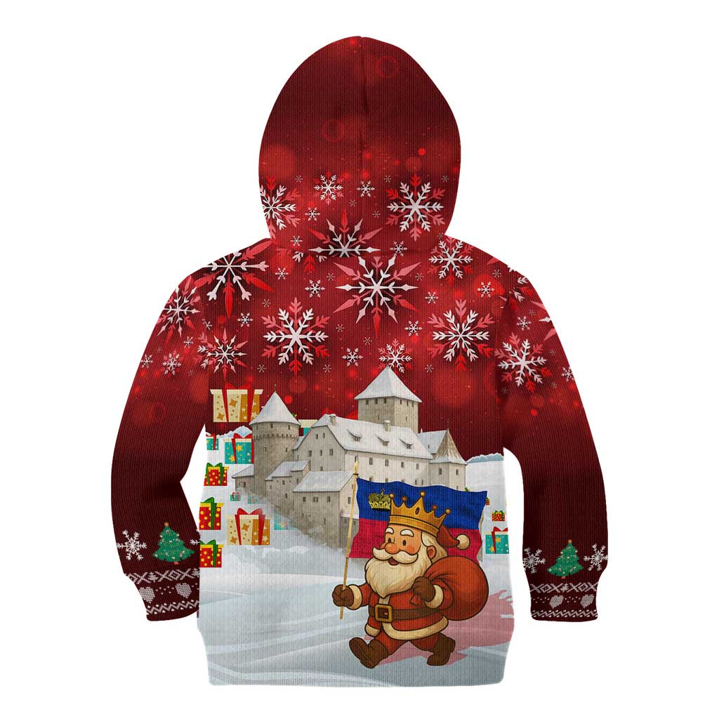 Liechtenstein Christmas Kid Hoodie with Santa Claus Castle Snowflakes and National Flag - Wonder Print Shop