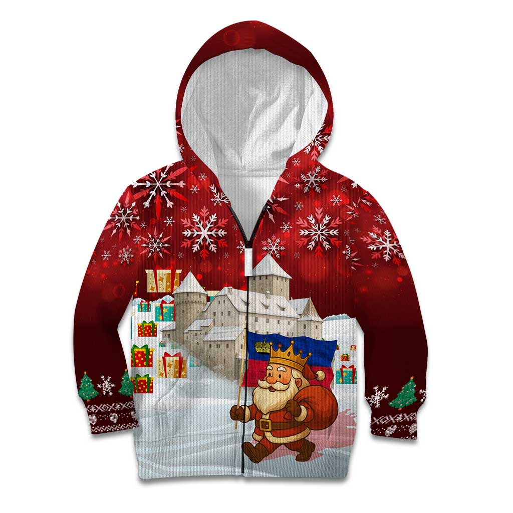 Liechtenstein Christmas Kid Hoodie with Santa Claus Castle Snowflakes and National Flag - Wonder Print Shop