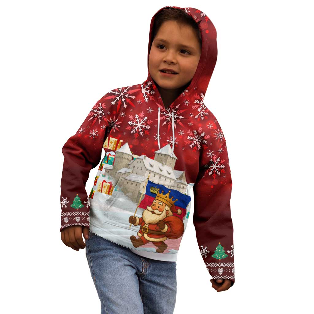 Liechtenstein Christmas Kid Hoodie with Santa Claus Castle Snowflakes and National Flag - Wonder Print Shop