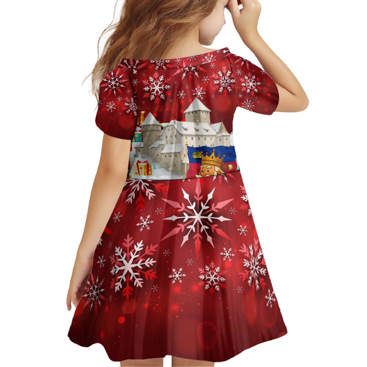 Liechtenstein Christmas Kid Short Sleeve Dress with Santa Claus Castle Snowflakes and National Flag - Wonder Print Shop