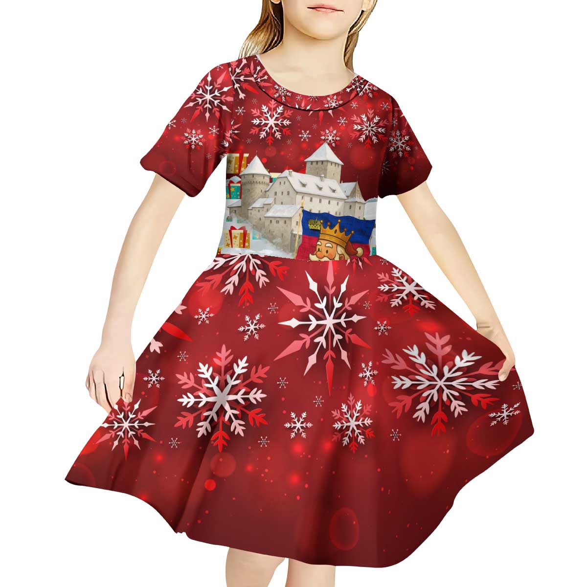 Liechtenstein Christmas Kid Short Sleeve Dress with Santa Claus Castle Snowflakes and National Flag - Wonder Print Shop