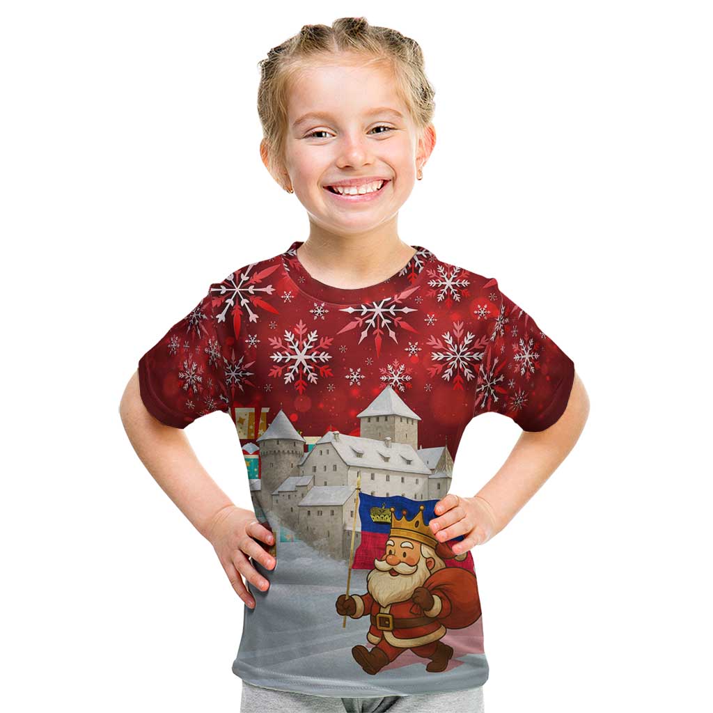 Liechtenstein Christmas Kid T Shirt with Santa Claus Castle Snowflakes and National Flag - Wonder Print Shop