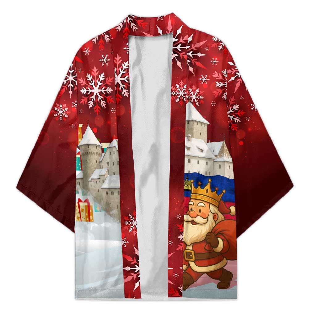 Liechtenstein Christmas Kimono with Santa Claus Castle Snowflakes and National Flag - Wonder Print Shop