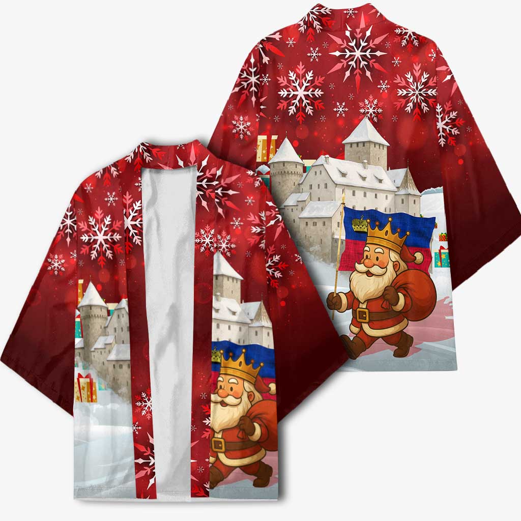Liechtenstein Christmas Kimono with Santa Claus Castle Snowflakes and National Flag - Wonder Print Shop