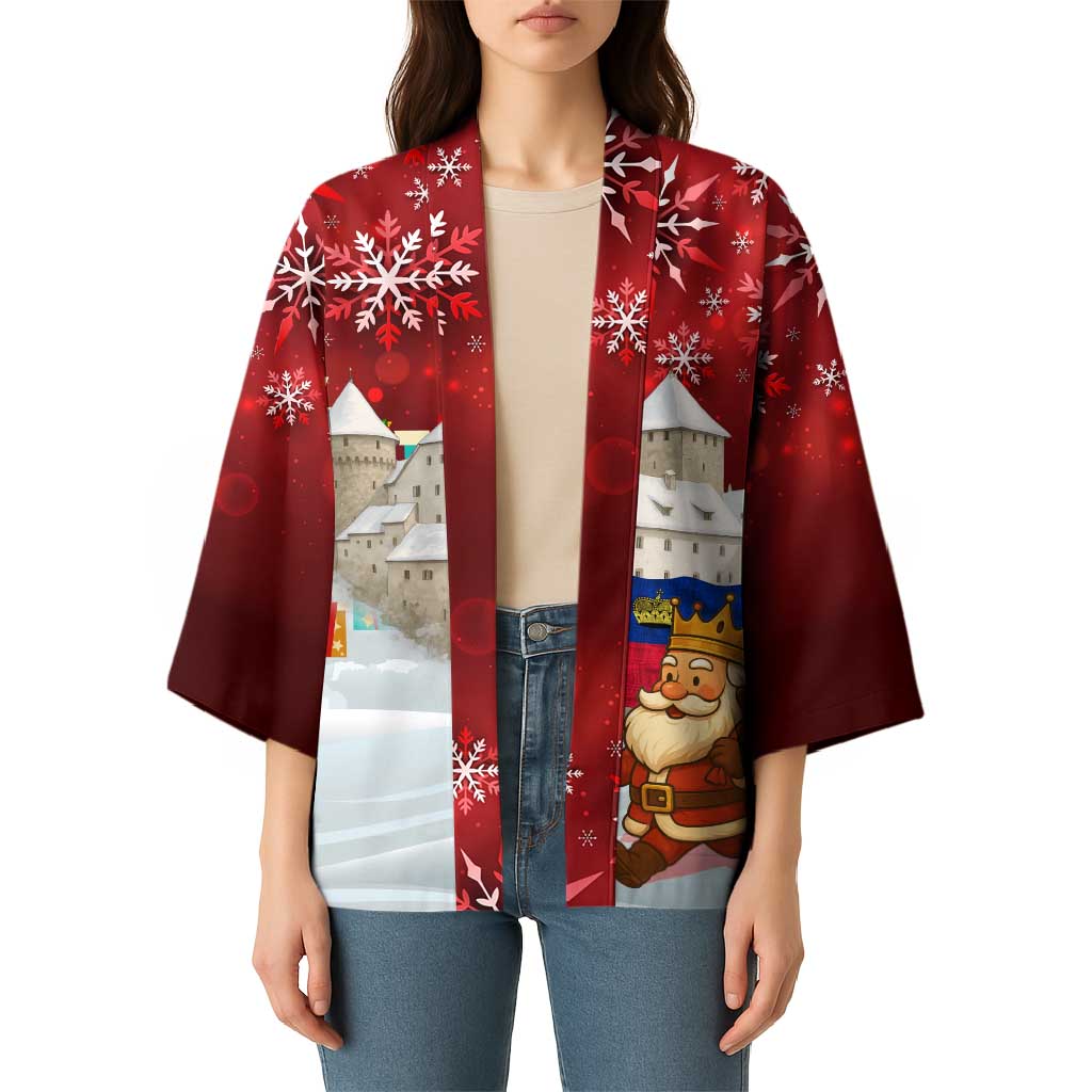Liechtenstein Christmas Kimono with Santa Claus Castle Snowflakes and National Flag - Wonder Print Shop