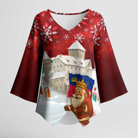 Liechtenstein Christmas Kimono Sleeve Blouse with Santa Claus Castle Snowflakes and National Flag - Wonder Print Shop