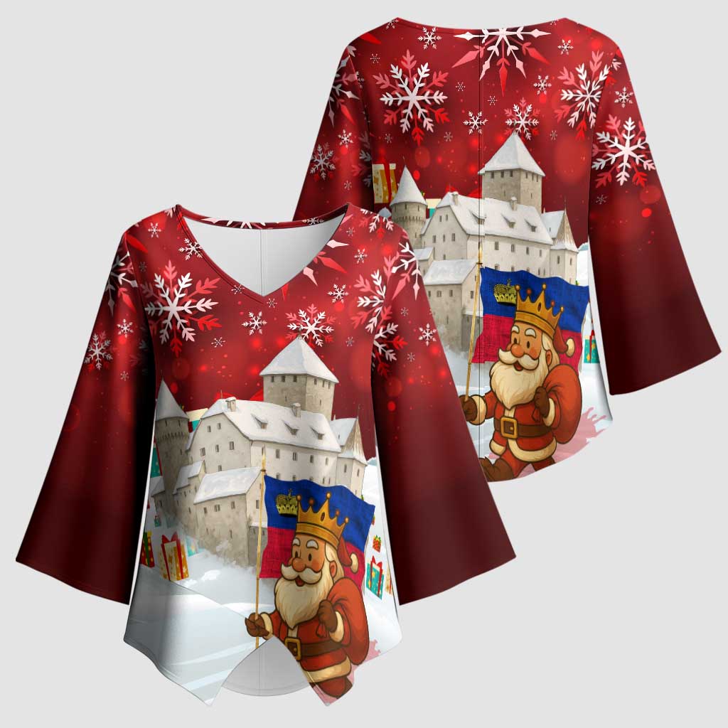 Liechtenstein Christmas Kimono Sleeve Blouse with Santa Claus Castle Snowflakes and National Flag - Wonder Print Shop