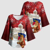 Liechtenstein Christmas Kimono Sleeve Blouse with Santa Claus Castle Snowflakes and National Flag - Wonder Print Shop