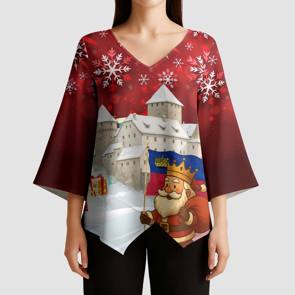 Liechtenstein Christmas Kimono Sleeve Blouse with Santa Claus Castle Snowflakes and National Flag - Wonder Print Shop