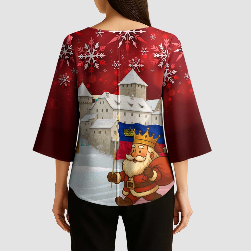 Liechtenstein Christmas Kimono Sleeve Blouse with Santa Claus Castle Snowflakes and National Flag - Wonder Print Shop