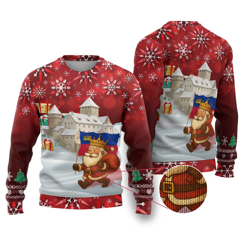 Liechtenstein Christmas Ugly Christmas Sweater with Santa Claus Castle Snowflakes and National Flag - Wonder Print Shop
