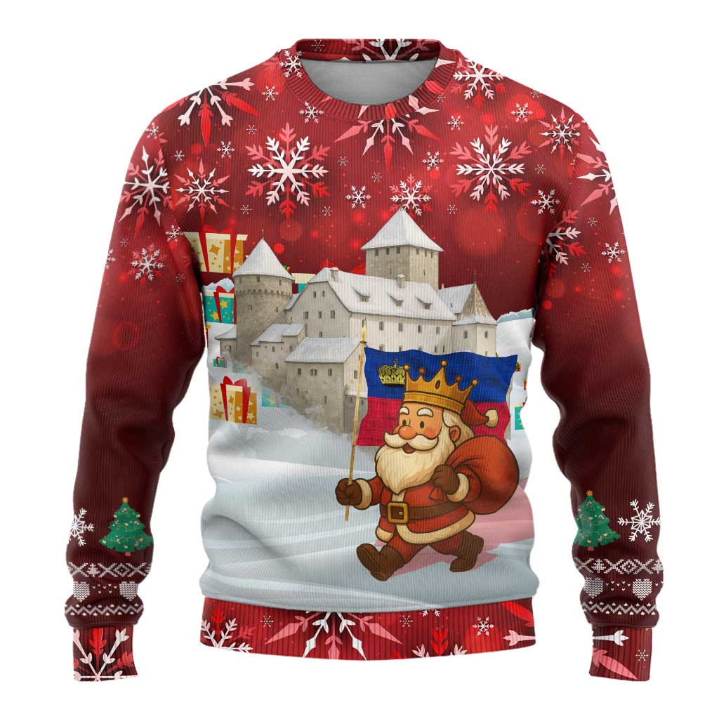 Liechtenstein Christmas Ugly Christmas Sweater with Santa Claus Castle Snowflakes and National Flag - Wonder Print Shop