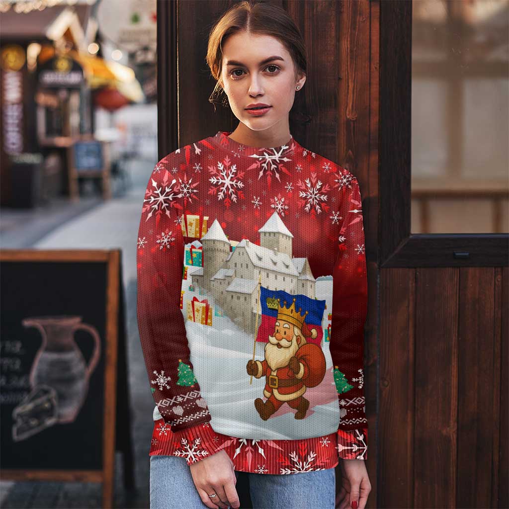 Liechtenstein Christmas Ugly Christmas Sweater with Santa Claus Castle Snowflakes and National Flag - Wonder Print Shop