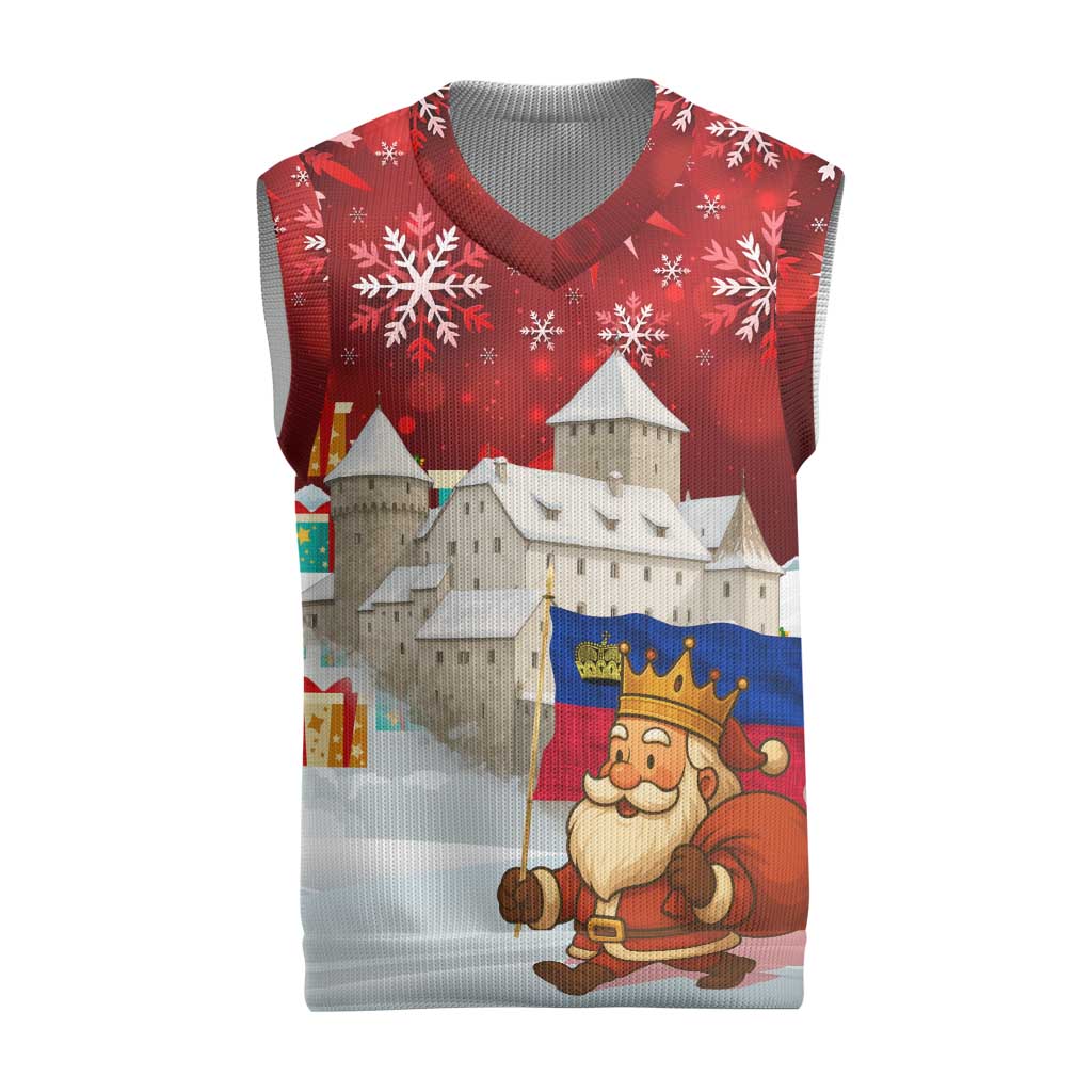 Liechtenstein Christmas Knitted V-Neck Vest with Santa Claus Castle Snowflakes and National Flag - Wonder Print Shop
