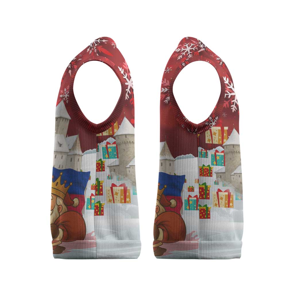 Liechtenstein Christmas Knitted V-Neck Vest with Santa Claus Castle Snowflakes and National Flag - Wonder Print Shop