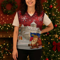 Liechtenstein Christmas Knitted V-Neck Vest with Santa Claus Castle Snowflakes and National Flag - Wonder Print Shop