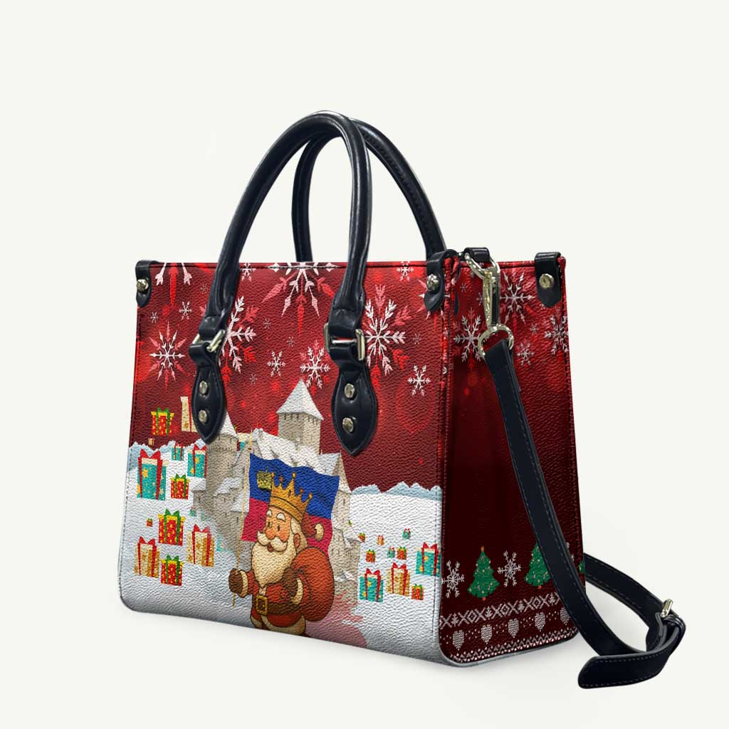Liechtenstein Christmas Leather Bag with Santa Claus Castle Snowflakes and National Flag - Wonder Print Shop