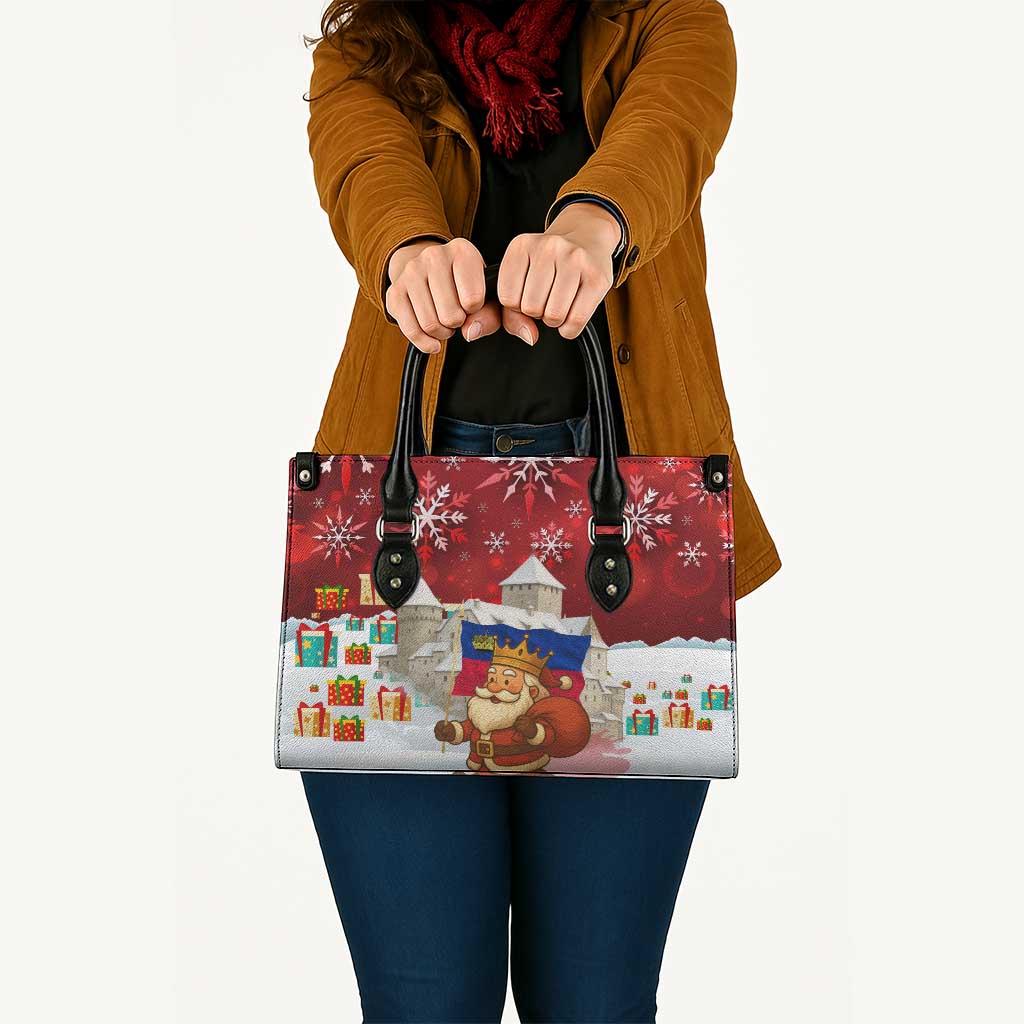 Liechtenstein Christmas Leather Bag with Santa Claus Castle Snowflakes and National Flag - Wonder Print Shop
