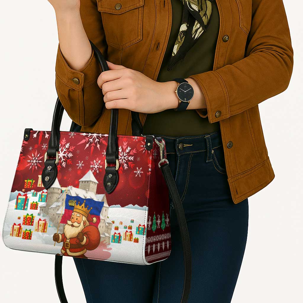 Liechtenstein Christmas Leather Bag with Santa Claus Castle Snowflakes and National Flag - Wonder Print Shop