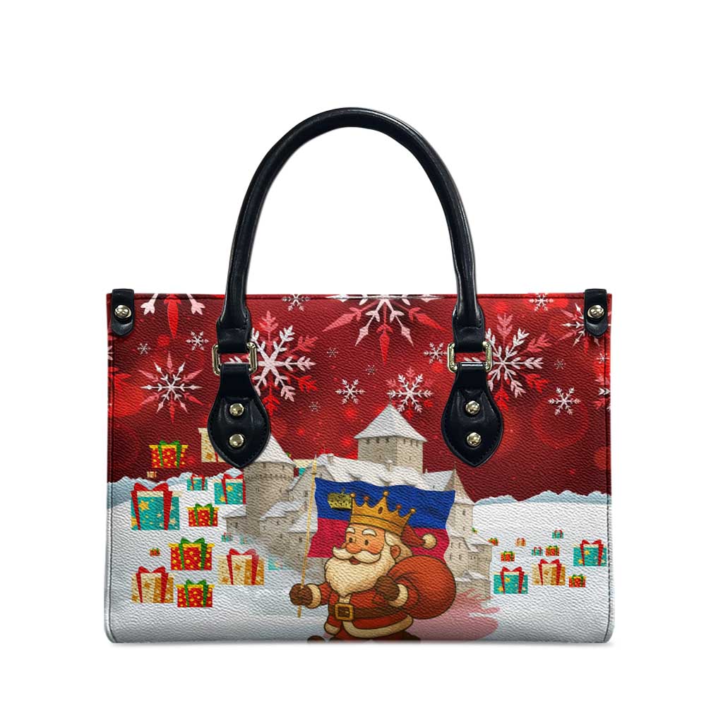 Liechtenstein Christmas Leather Bag with Santa Claus Castle Snowflakes and National Flag - Wonder Print Shop
