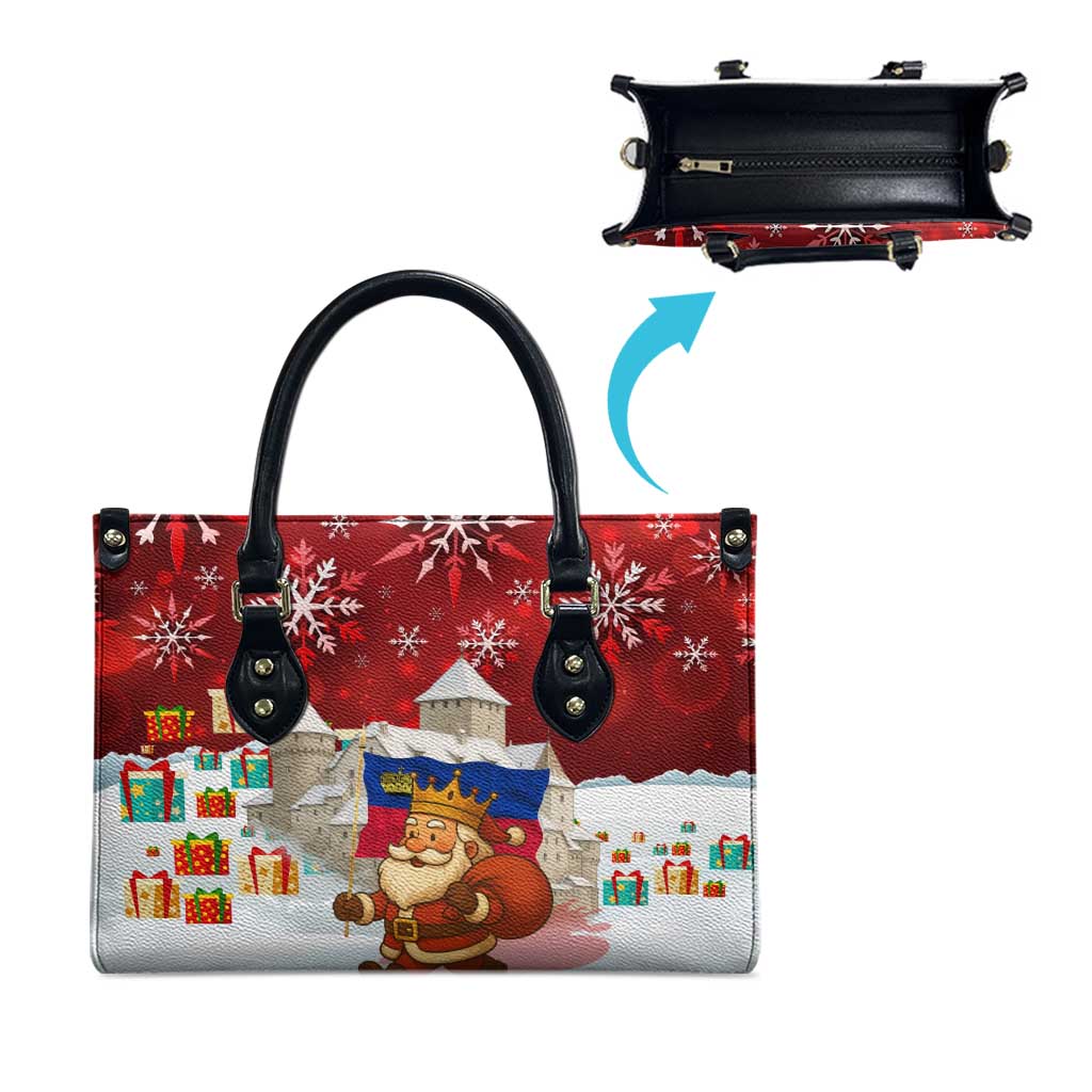 Liechtenstein Christmas Leather Bag with Santa Claus Castle Snowflakes and National Flag - Wonder Print Shop