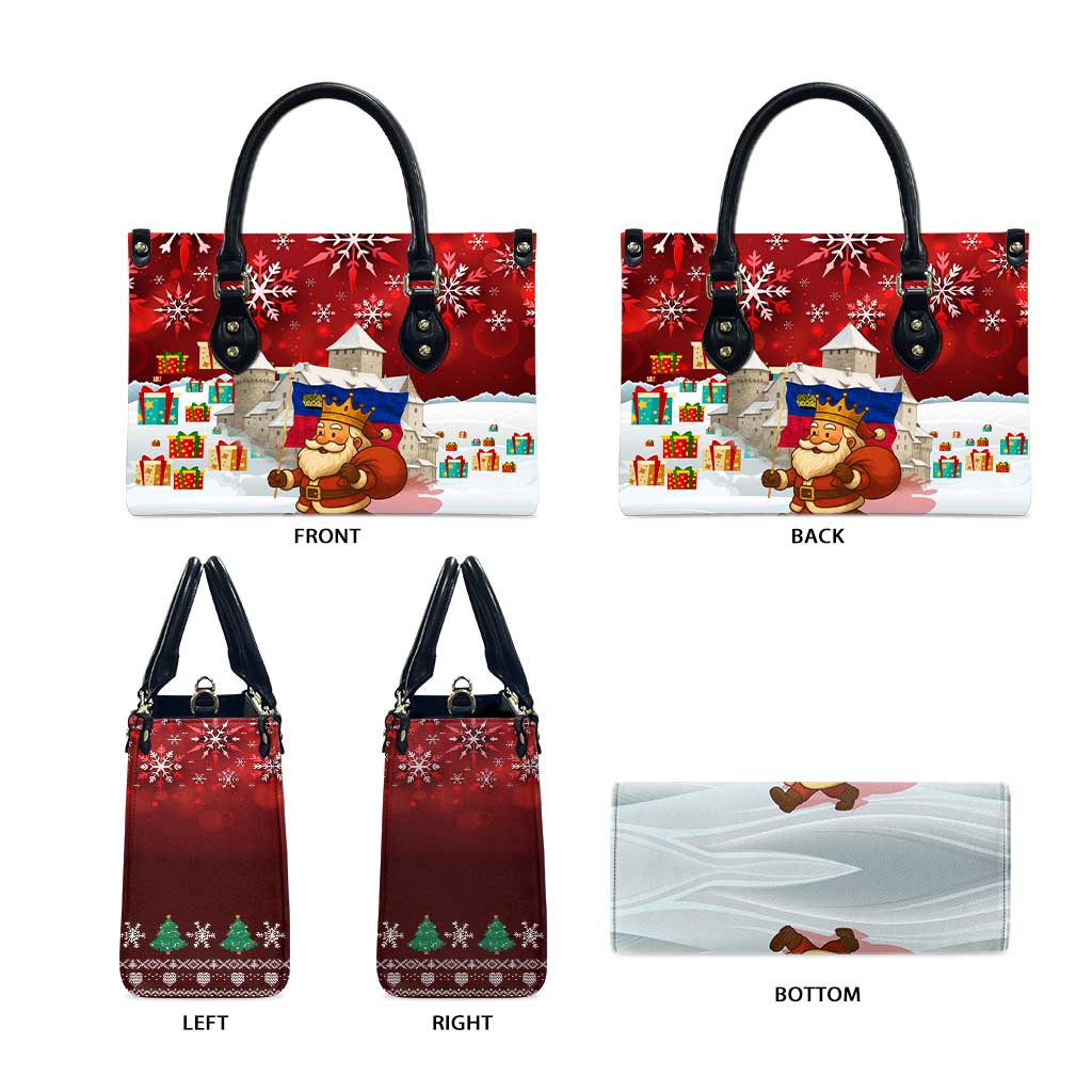 Liechtenstein Christmas Leather Bag with Santa Claus Castle Snowflakes and National Flag - Wonder Print Shop