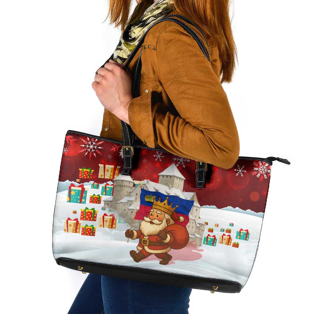 Liechtenstein Christmas Leather Tote Bag with Santa Claus Castle Snowflakes and National Flag - Wonder Print Shop
