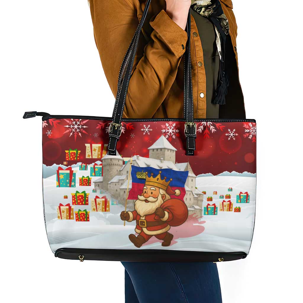 Liechtenstein Christmas Leather Tote Bag with Santa Claus Castle Snowflakes and National Flag - Wonder Print Shop