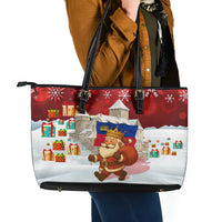 Liechtenstein Christmas Leather Tote Bag with Santa Claus Castle Snowflakes and National Flag - Wonder Print Shop