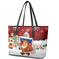 Liechtenstein Christmas Leather Tote Bag with Santa Claus Castle Snowflakes and National Flag - Wonder Print Shop