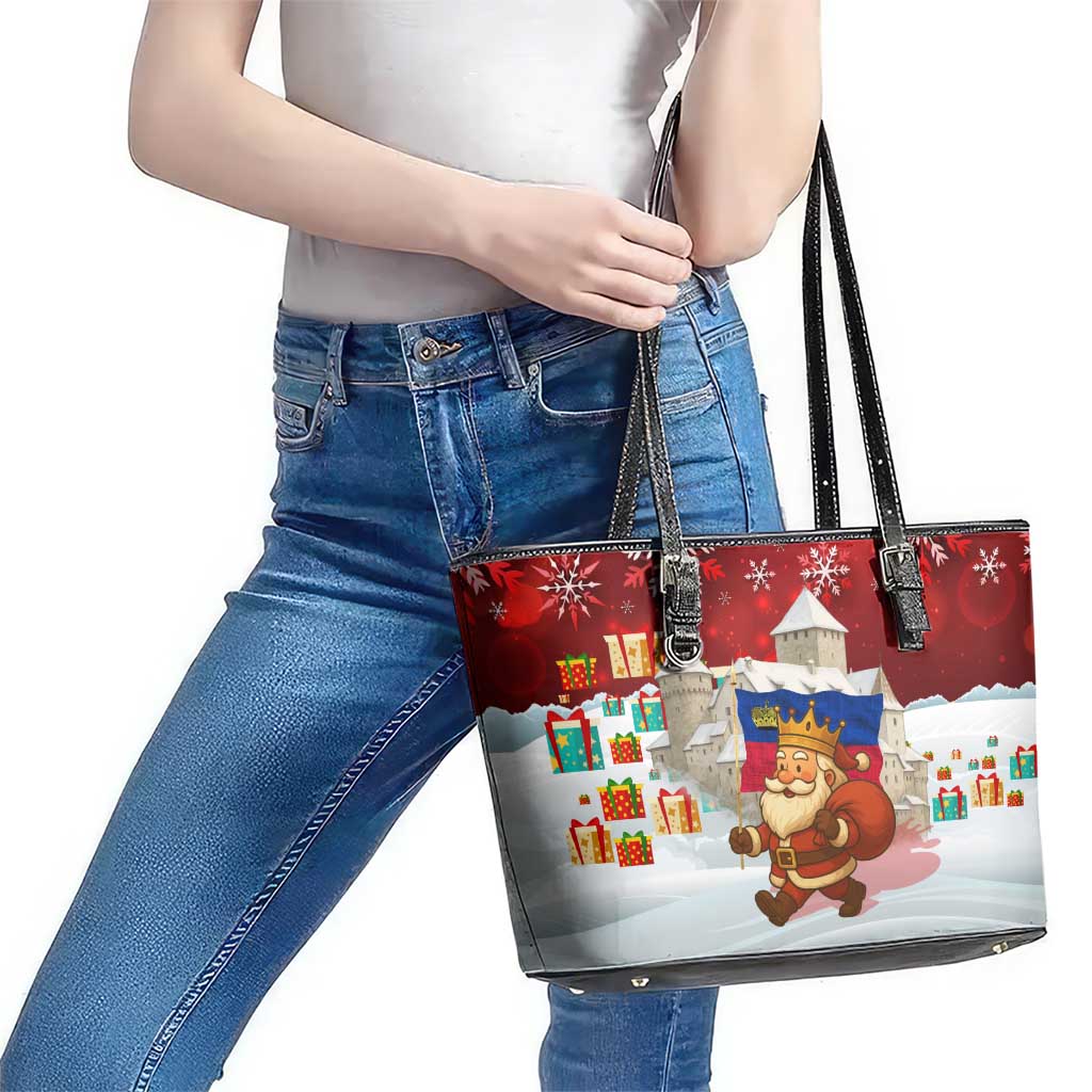 Liechtenstein Christmas Leather Tote Bag with Santa Claus Castle Snowflakes and National Flag - Wonder Print Shop