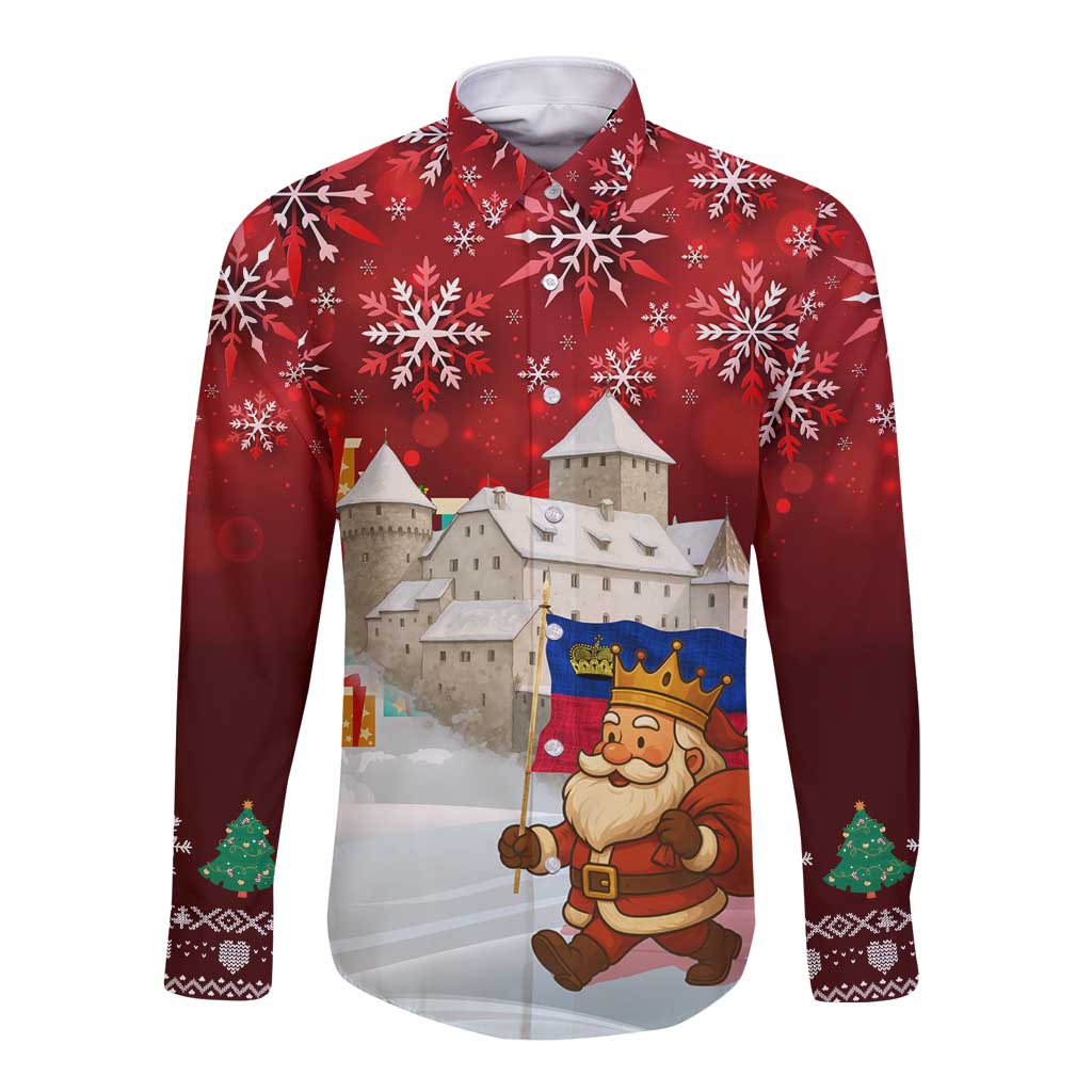 Liechtenstein Christmas Long Sleeve Button Shirt with Santa Claus Castle Snowflakes and National Flag - Wonder Print Shop