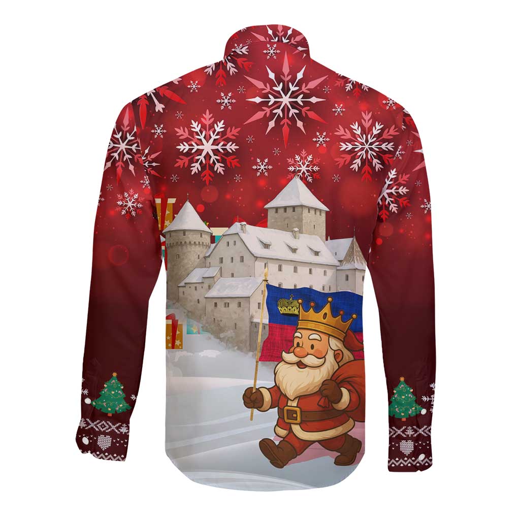 Liechtenstein Christmas Long Sleeve Button Shirt with Santa Claus Castle Snowflakes and National Flag - Wonder Print Shop