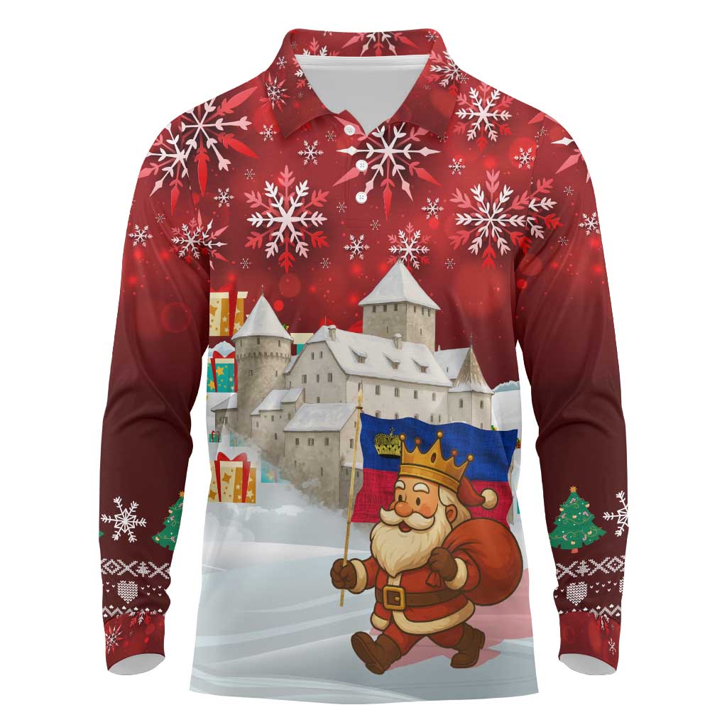 Liechtenstein Christmas Long Sleeve Polo Shirt with Santa Claus Castle Snowflakes and National Flag - Wonder Print Shop