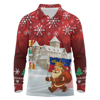 Liechtenstein Christmas Long Sleeve Polo Shirt with Santa Claus Castle Snowflakes and National Flag - Wonder Print Shop