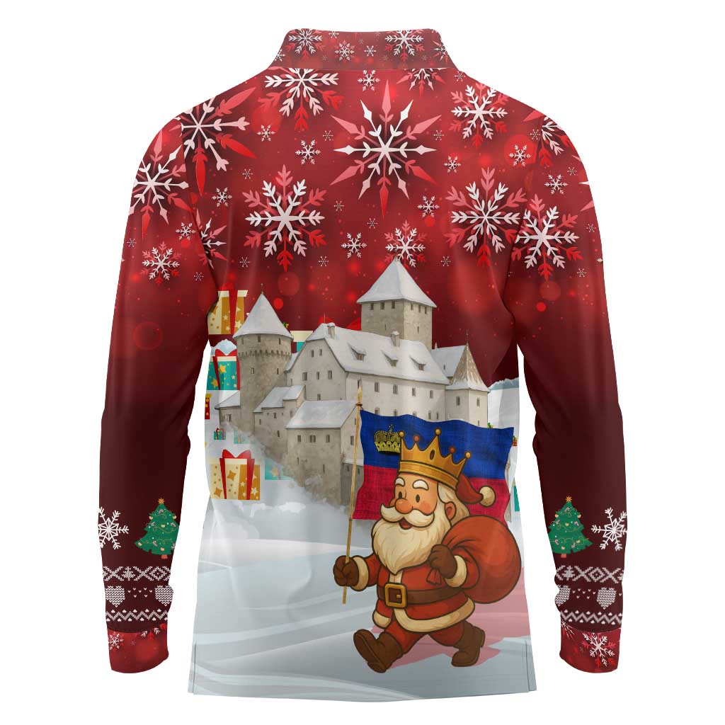 Liechtenstein Christmas Long Sleeve Polo Shirt with Santa Claus Castle Snowflakes and National Flag - Wonder Print Shop