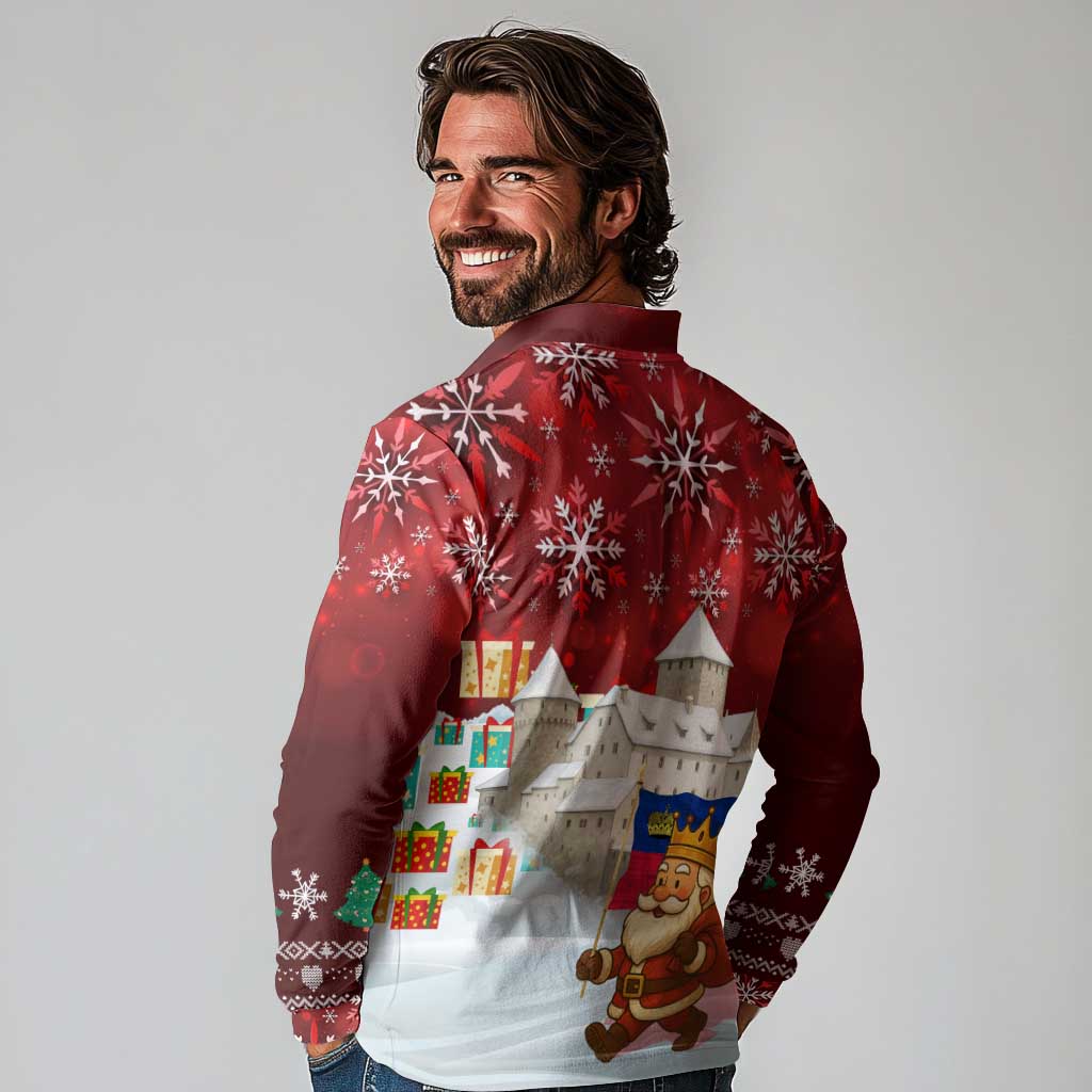 Liechtenstein Christmas Long Sleeve Polo Shirt with Santa Claus Castle Snowflakes and National Flag - Wonder Print Shop